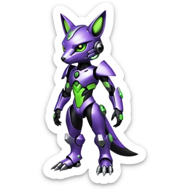 Futuristic modern cyborg badass cool shiny metallic alloy black-obsidian purple neon-green white lime animal hybrid Fakemon full body sticker