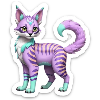Cute kawaii cool edgy badass Colorful pale minty lilac onyx fruity glorious exotic neon vibrant zigzagged fantasy-caracal-civet-genet-sergal-vernid-Gryphon-Cacomistle-Trico-oncilla-animal-Fakémon-hybrid-fursona (full body), facial markings, (realism style) sticker