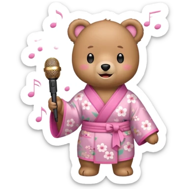 A cute light-brown bear wearing a pastel pink sakura-patterned kimono, normal balanced body ratio.  
Holding a microphone and singing happily, music notes floating around and a bright joyful smile.  
Kawaii emoji style, minimalistic clean sticker illustration, white background. sticker