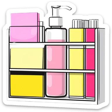 big long white shelf with one serum bottle labeled beauty brand and large sticky note next to it sticker