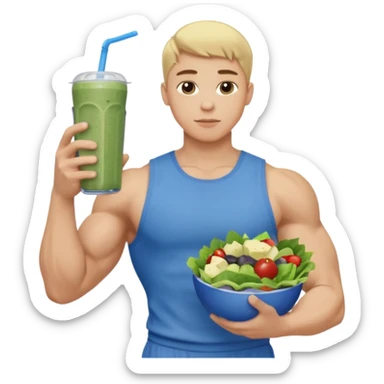 A young male person with a muscular, well-defined build. He has short blonde hair, a light skin tone, and a neutral facial expression. He wears blue cloth. He is holding a salad in one hand and a protein shake in the other. sticker