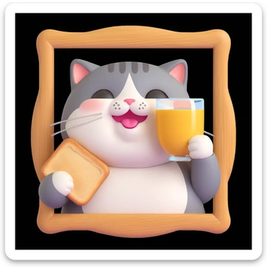 a chubby cat with a toast frame around its face, cheerful mood sticker