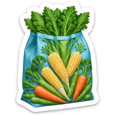 A colorful plastic bag filled with mixed vegetables — peas, carrots, corn, and broccoli — sealed and lightly frosted. Tnutrition facts, and vibrant vegetable images. Displayed in a grocery store freezer with cool white lighting and condensation on the glass door. sticker