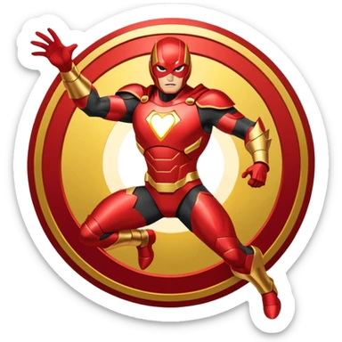 "A high-quality die-cut sticker of a tech-based armored superhero in a dynamic flying pose. Vibrant red and gold metallic plating, glowing circular chest piece, thick white border, flat vector art style, white background." sticker