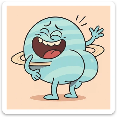 the planet Uranus with a big cartoon butt, laughing hysterically, playful and silly, cartoon style sticker