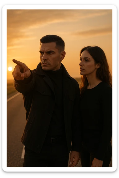 Cinematic photo of a confident man giving clear direction to a woman, standing in front of her with a firm but calm expression, pointing forward as if showing her the path to follow. The man is dressed in a dark jacket, embodying the role of a commander, while the woman looks at him attentively, ready to follow. The setting is an open road at sunrise with soft golden light, symbolizing new beginnings and leadership. Shot from a side angle, capturing both profiles with a clear view of his guiding gesture. sticker