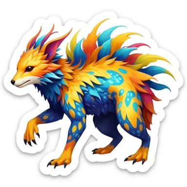 a colorful edgy vernid-fionbri-creature with splash patterns full body sticker