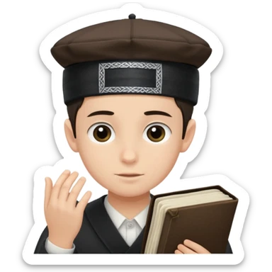 a boy with kippa and not a hat putting on tefillin sticker