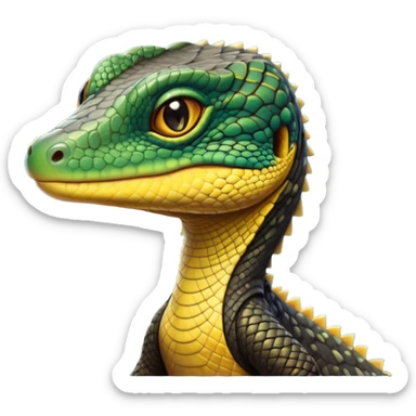 cinematic-realistic-cute-monitor-lizard-portrait-emoji,-head-tilted-playfully-and-inquisitively,-featuring-a-compact,-agile-body-with-finely-detailed,-glossy-scales-in-earthy-black and yellow-hues-and-a-distinct,-alert-face-with-bright,-curious-eyes, black , yellow spotted and green band  scales and a slender neck sticker