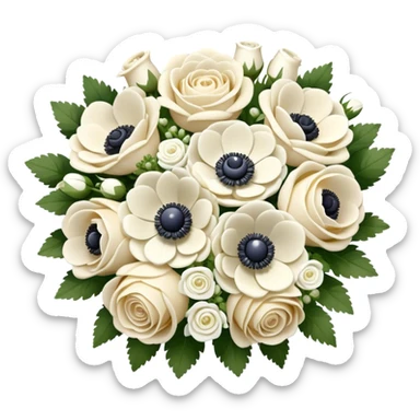 Cream and white bridal bouquet with white roses and anemone flowers, realistic, iOS 16 emoji style  sticker