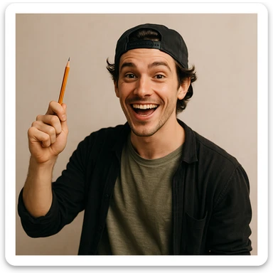 young creative designer, baseball cap backwards, holding a pencil, energetic vibe sticker