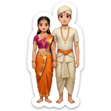 31 years young and small Brahmin boy with traditional formal cotton shirt and cotton lungi is pleasent peaceful thankful to 18 years young and fat and tall Brahmin girl with the complete decoration of bharatanatyam as godess lakshmi devi. sticker