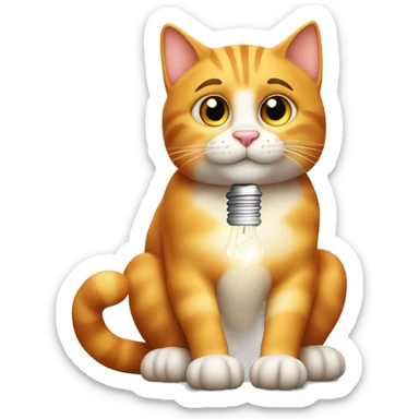 A cute orange tabby cat sitting upright with one paw on its chin, head slightly tilted as if deep in thought. The cat’s eyes are squinting, and a small glowing lightbulb hovers above its head. sticker
