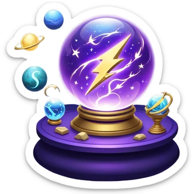 A mystical, glowing crystal ball with swirling sparkles and lightning bolts inside, with tarot cards spread out on the table around the ball, surrounded by zodiac signs and planets floating in space. Use bright purples, blues, and golds to create a magical, mysterious vibe. transparent background.  sticker