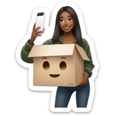 influencer taking selfie with a box sticker