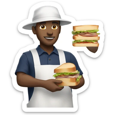 White Male man worker with white shirt and navy apron with khakis and hat holding a sandwhich sticker