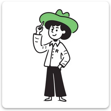 Cowboy wearing green hat with letter R on it sticker