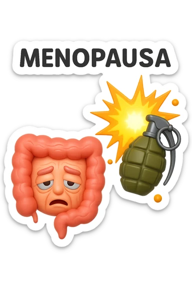 EMOJI STILE IPHONE 3D DI INTESTINO ANZIANO CON RUGHE SFINITO CON ESPRESSIONE STANCA, ACCANTO A LUI SCOPPIA UNA GRANATA 3D CON LA SCRITTA "MENOPAUSA" SOPRA sticker