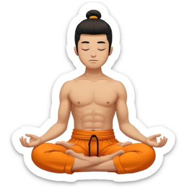 poore enlightened men meditating closed eyes, bold head bare torso, orange cossack sharovary pants, long black lock of hair on the top of the head sticker