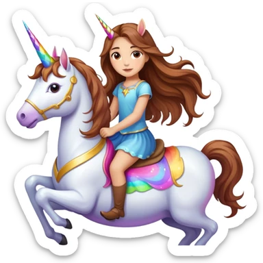 young light-skinned girl with long brown hair on a colorful unicorn sticker