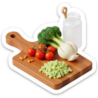 Ingredients on teh wooden cutting board with floating list sticker