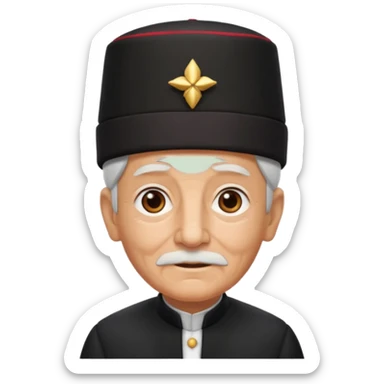 black suited old with fes hat sticker