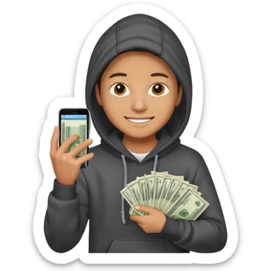 miling young entrepreneur in a hoodie, holding a stack of cash in one hand and a phone in the other, clean emoji style, soft lighting, simple background sticker