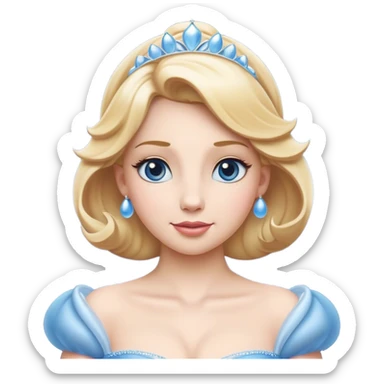 Cinematic Elegant Cinderella Portrait Emoji, rendered in a beautifully detailed, vector-style with minimal shading and bold, simplified shapes. Depict Cinderella in her classic ball gown (chest and above) with fair, porcelain skin and elegantly styled blonde hair, her eyes soft and kind, and her expression serene and graceful. The design glows with a gentle, enchanting radiance and high shine, capturing the timeless beauty of a fairy tale princess. sticker