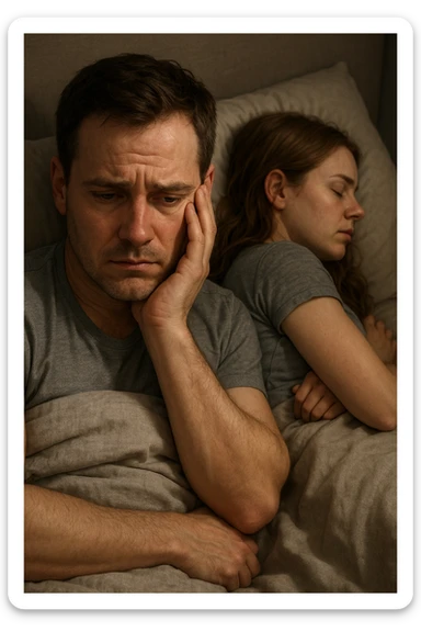 Vertical, hyper-realistic 3D cutaway illustration: uomo con difficoltà con la propria compagna nel letto, faccia depressa sticker