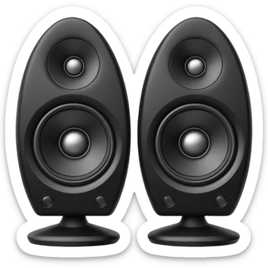 pair of big speakers emoji, deep matte black metal body, circular speaker cones with subtle depth, smooth rounded edges, minimalistic futuristic 3D style, luxury aesthetic sticker