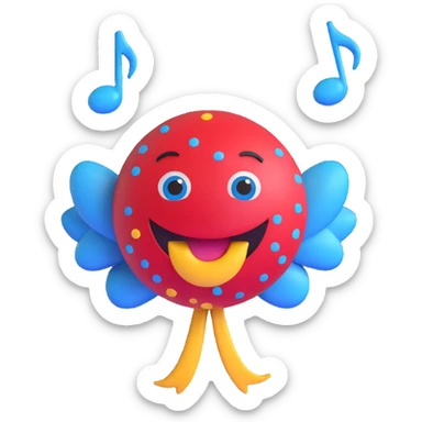 3D smiley emoji, large eyelashes, red polka dot bow, stunned, wide open eyes, O-shaped mouth, blue eyes, musical notes sticker