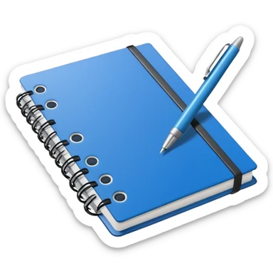 Minimal line-art icon of a notebook with a pen, clean modern style, simple outlines, slightly 3D, no background, transparent, suitable for video overlays, “documenting / journaling / tracking progress” theme. sticker