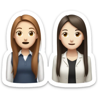 One white girl with straight reddish brown hair gossiping with a korean girl with long straight girl and a rat and mustache sticker