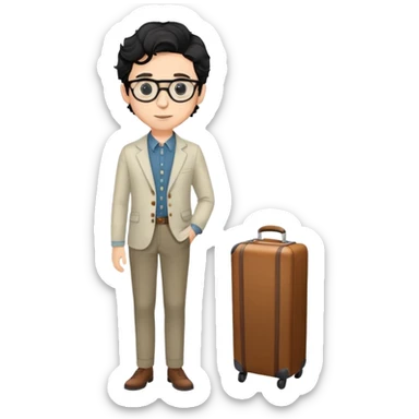 Young caucasian man with black wavy hair, round glasses, wearing semi-formal attire for theater - button-up shirt, blazer, nice pants sticker