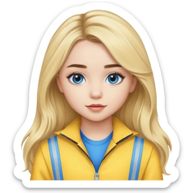 Sabrina Carpenter blue eyes, long blonde hair, yellow tour outfit sticker