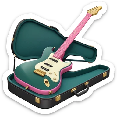 minimalist electric guitar in dark green with pink and blue stripe decal, closed inside a black rectangular hard case with gold latches, flat semi-3D style, soft matte textures, simplified details, stylized decal accent, compact artistic look sticker