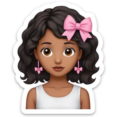 Brown skined girl with black  wavy hair till the neck wearing white top or shirt and a cute small pink bow on her hair in the left side  sticker