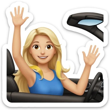 blonde long hair woman driving car. one hand up Happy face confidence sticker