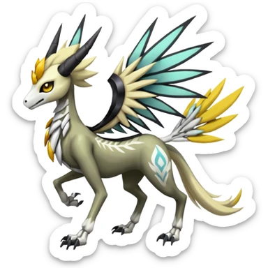 Colorful Skeletal masked armored Meloetta-Manectric-Silvally-Solgaleo-Raikou-Pokémon-Digimon-Fakémon-fusion-hybrid-creature, full body sticker