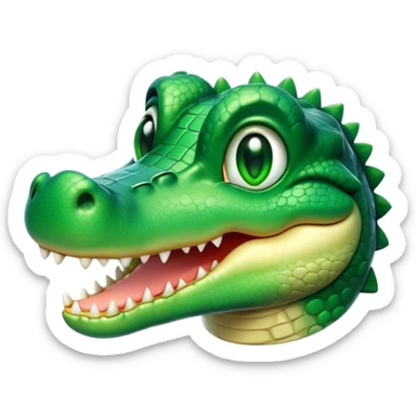 Cinematic Cute Crocodile Portrait Emoji, Head tilted playfully and inquisitively, featuring a smooth, glossy emerald-green hide with subtle textured scales and round, sparkling eyes filled with curious mischief, Simplified yet irresistibly adorable features, highly detailed, glowing with a warm, friendly glow, high shine, affectionate and surprisingly charming, stylized with a touch of wild whimsy, bright and endearing, soft glowing outline, capturing the essence of a mischievous yet lovable crocodile, so playful it feels like it could snap out of the screen into your arms! sticker