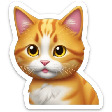 orange cat, pink nose, white on nose bridge, yellow eyes, white fur on chest, with red headphones, speaking into a shure mic on and round pop screen sticker
