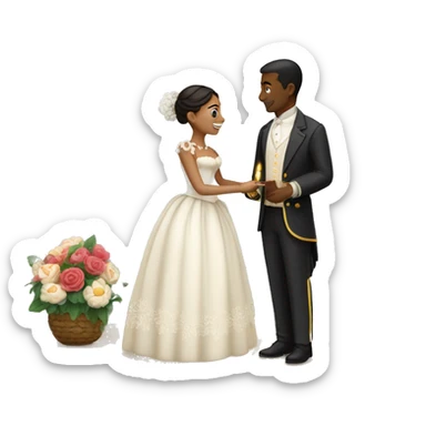 Create a romantic scene depicting a bride and groom in Santander's colonial setting, surrounded by flowers, candles, and wedding details. sticker