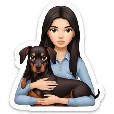 Kendall Jenner with long dark hair holds a Doberman Pinscher in her arms sticker