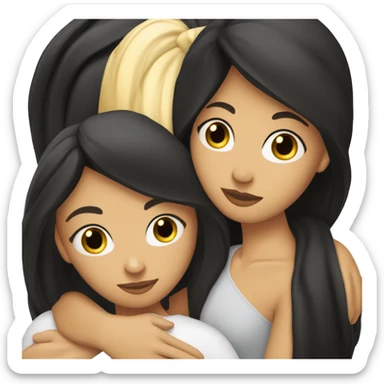 a beautiful brunette with long black hair, slightly tanned, hugs a tall blonde pumped up sticker