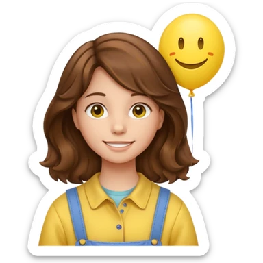 Teen girl wavy brown hair, with smiley-face balloon sticker