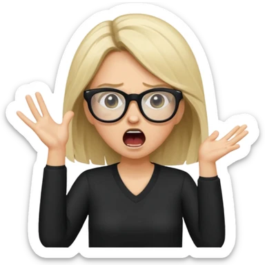 Young woman, wearing black clothes, brunette/blonde with loose hair, wearing white glasses, shouting bad words sticker