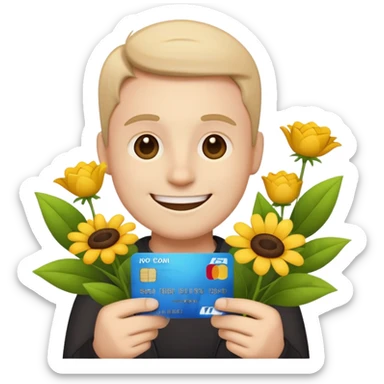 Happy emoji with credit card in hand and a pile of flower next to him sticker