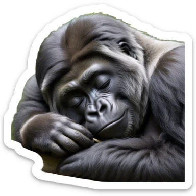 Meme-Worthy cute Sleeping mountain Gorilla Portrait Emoji, Head resting peacefully with a contented smile, showcasing a luxuriously thick black and grey-flecked Fur and eyes gently closed in serene slumber, Simplified yet hilariously adorable features, highly detailed, glowing with a soft, drowsy jungle light, high shine, relaxed and utterly lovable, stylized with an air of playful laziness, bright and heartwarming, soft glowing outline, capturing the essence of a sleeping mountain that feels destined to become the next viral sensation of adorable rest! sticker