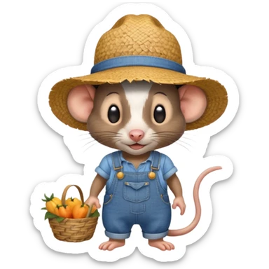 farmer rat in denim overalls with a straw hat sticker
