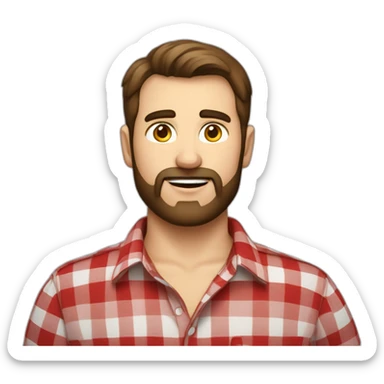 big guy around 30. Short brown hair. Little beard. wear a red check shirt With a torques in hand. wear a sticker